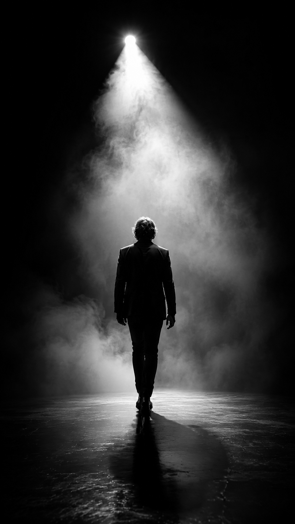 Performer walking into a dramatic stage light